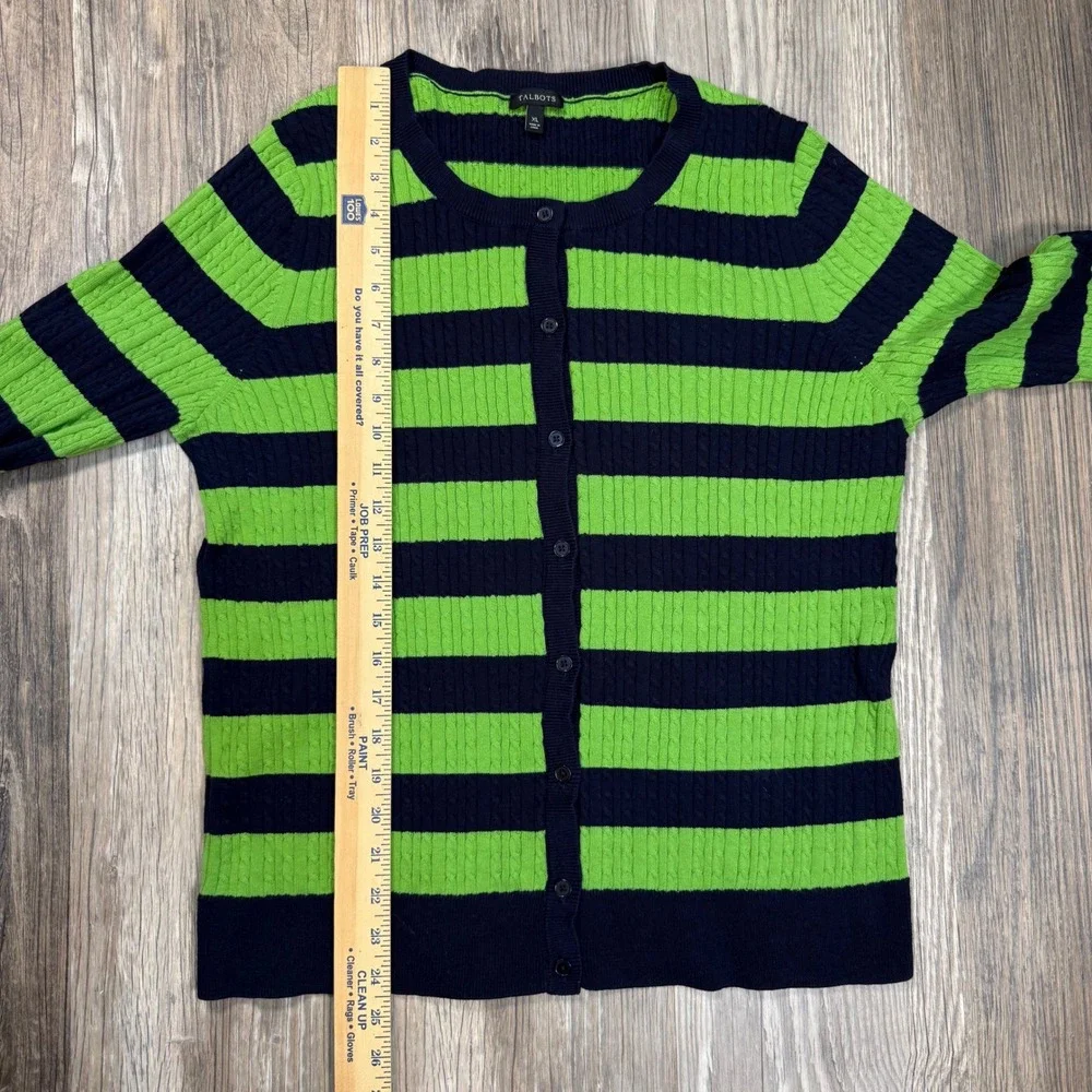 Talbots XL Nautical Prep Navy Blue Lime Green Striped Cable Knit Cotton Cardigan